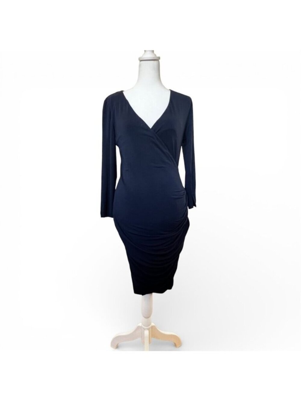 NWT Velvet Navy Faux Wrap Midi Dress M Ruched Modest Special Occasion Classic - Picture 2 of 11